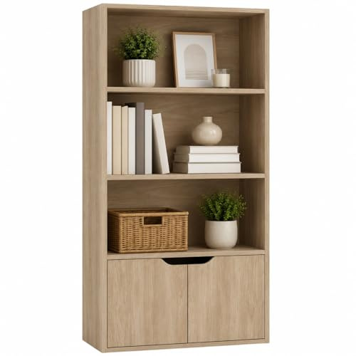 URBNLIVING Bücherregal mit 4 Etagen, breit, aus Holz, mit 2 Türen, Aufbewahrungsregal, Vitrine, Schrank, Eiche mit Türen aus Eichenholz