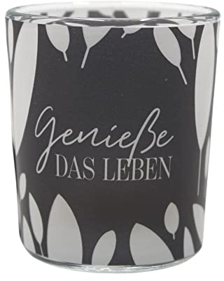Windlichtglas mit Motiv auf Einer transparenten Banderole, schwarz-weiß, inkl. 1 Teelicht, H/Ø: 6,5 x 6 cm, Motiv: Genieße das Leben