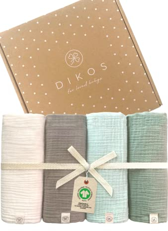 DIKOS® Baby Mulltücher 4er Premium Set (Creme, Taupe, Mint & Salbei) – 64x64cm – saugstarke Musselintücher aus weicher Bio-Baumwolle (GOTS & Oeko-TEX) – Spucktücher Neugeborene – Geschenk zur Geburt