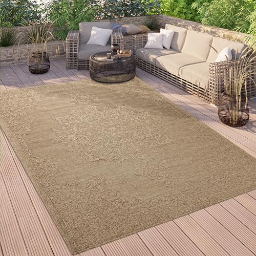 Paco Home Outdoor Teppich Wetterfest Balkon Küche Wohnzimmer Orientalisches Muster Vintage Optik Einfarbig 3D Modern, Grösse:240x340 cm, Farbe:Beige