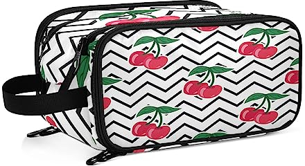 Kulturbeutel Kirschmuster-Schwarz-Zickzack Große Kosmetiktasche Kulturtasche Waschtasche Make Up Tasche Waschbeutel Schminktasche für Damen Mädchen