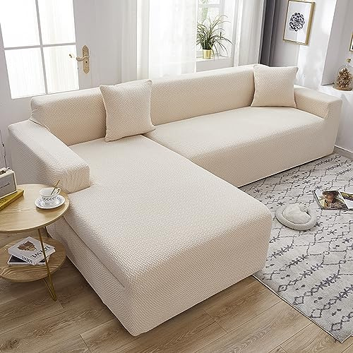 OKJK Sofabezug l Form, Jacquard Stretch Sofabezug, verdickter weicher und bequemer Stoff, Sofaschoner rutschfest für Wohnzimmer, staubdicht, Maschinen waschbar (Light beige,4-Seater 235-300cm)
