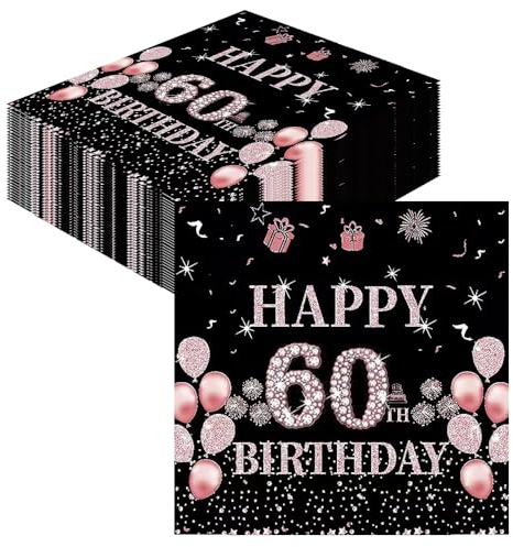 GROVBLE Servietten 60 Geburtstag,40 Stück Papierserviette Mädchen Happy Birthday Servietten Decorations,Schwarz Rosé Gold Tischdekoration für Party Geburtstag,Happy 60th Birthday Paper Napkins (ee)