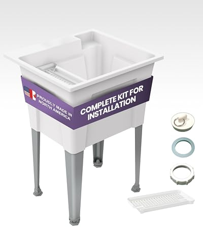 Standing Utility Sink with Steel Legs – 24” Space Saver Utility Sinks for Laundry Room, Garage, Garden, Basement – Noah William Home Indoor and Outdoor Basement Wash Tub (WHITE)
