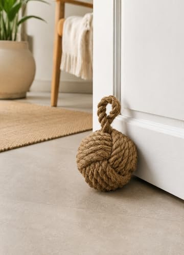 Tope de Puerta Nudo Náutico, Sujetapuertas Bola Cuerda Trenzada Yute Rústico, Resistente y Pesado, Sujeta Puertas Suelo Tope para Ventanas y Puertas, NATURAL ROPE DOORSTOP, Ø15 X 23cm 1500gr (CUERDA)