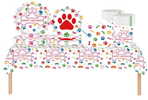 69 Pièces Rainbow Griffe Chien Vaisselle de Fête,Assiettes Carton Jetable Tasses Serviettesr en Papier et Nappe Plastique,Vaisselle Recyclable Kit Decoration Thème Anniversaire Chien Fêtes Camping