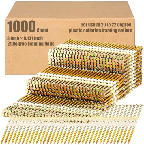 Pasimy 1000 Per Box 3 x 0.131 Inch Framing Nails 21 EG Degree Smooth Shank Plastic Collated Galvanized Full Round Head Framing Nails