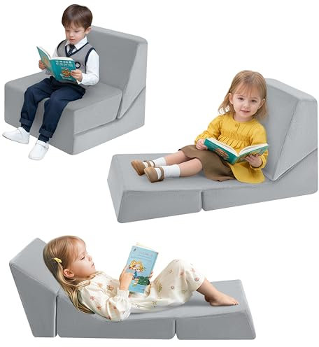 MeMoreCool Kindersofa Ausziehbares Schlafsessel, Sitzsack für Kinderzimmer, Lounge Stuhl Faltbarer Boden Lounger, 3-in-1 Klappstuhl für Kinder, Liegestuhl für Kleinkinder 1-3 Jahre, Grau