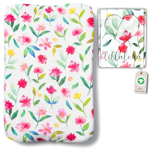 Lillaloha | Housse Matelas à Langer 50x70cm Extensible - 100% Gaze de Coton Bio GOTS, Idéal Peaux Sensibles, Ultra Doux et Respirant – Coffret Cadeau de Naissance – Motif Fleurs de Printemps, Fille