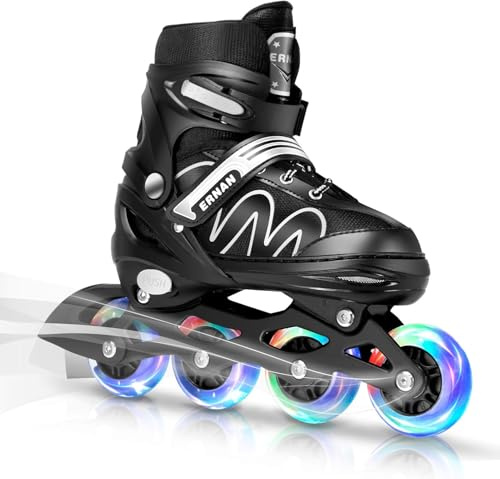 ERNAN Inline-skridskor, justerbara upplysta inline-skridskor, för pojkar och flickor, rullskridskor för barn ungdomar, nybörjare (whtie, S)