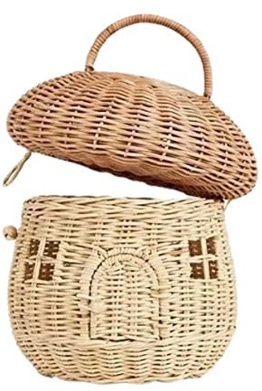 Cesto di stoccaggio di vimini cesto di funghi di grande capacità cesto decorativo per funghi con coperchio e manette cestino di stoccaggio in vimini per l'organizzatore