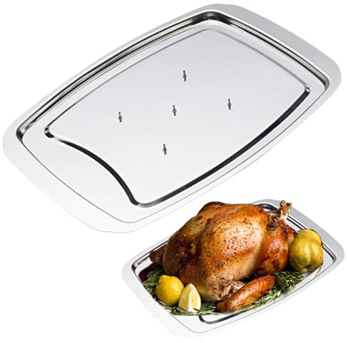 Stainless Steel Carving Tray Spiked Meat Dish with Spiked Caps Polished Non-Slip Serving Tray Turkey Pan for Slicing, Cutting, Chopping..