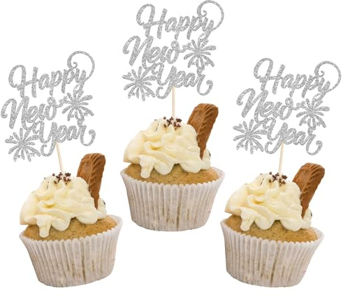 24 Stück Happy New Year Cupcake Toppers Glitzer Hallo 2026 Tortendeko Gutes neues Jahr 2026 Kuchen Deko für Willkommen 2026 Frohes Neues Jahr Party Torten Dekoration Silber