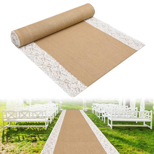 moonoom 20 Ft x 36 in Natural Burlap Wedding Aisle Runner, Rustic Jute Weddings Runway Carpet with Lace, Ceremony Burlap Carpet Roll for Beach Garden Church Reception Craft Decor