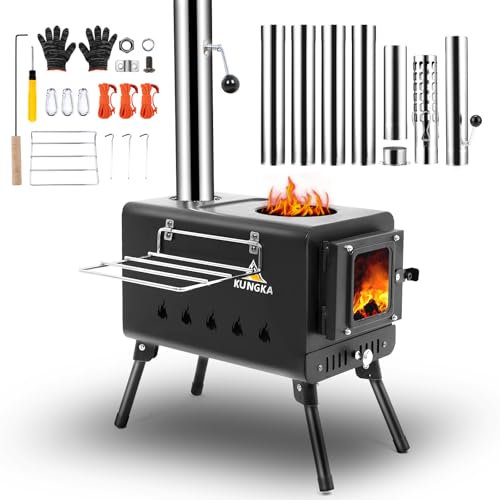 KUNGKA Poêle à bois avec 7 tuyaux de cheminée à 7 sections, poêle à bois de camping pour tente, réchaud portable pour chauffage et cuisine en plein air, chasse, pêche sur glace