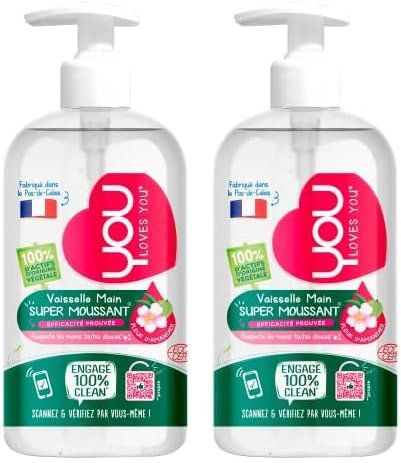 You – Liquide Vaisselle Pompe Fleur d'Amandier (500mL) – Liquide vaisselle Ecocert (Lot de 2)