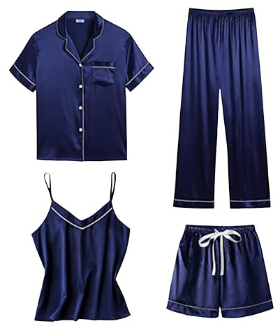 Pigiama da donna, 4 pezzi, in raso, sexy, per la casa, estivo, per ragazze, in seta, a maniche corte, da notte, con bottoni, maglietta + top + pantaloni baggy + pantaloncini corti