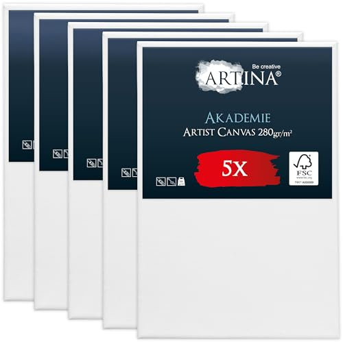 Artina FSC® Keilrahmen 5er Set Akademie 40x60 cm – Leinwand Set Maltuch aus 100% Baumwolle Leinwände 280 g/m² - Keilrahmenset Leinwand zum Bemalen für Acryl-, Aquarell-, Ölfarbe uvm