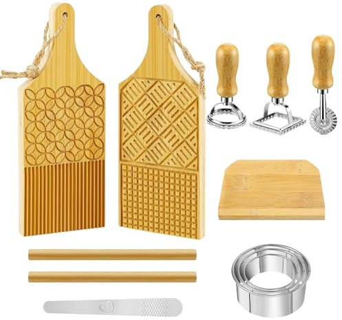 12-Piece Pasta Maker Tool - Pasta Making Accessories, Wooden Kitchen Pasta Roller and Cutter | Spiral Noodle Cutting Board, Spaghetti Maker Set, Cat Ear Noodle Kneading Mold for Dumpling Dessert