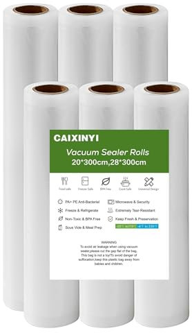 Bolsas Vacio Alimentos, 3 rollos 20 x 300 cm + 3 rollos 28 x 300 cm, Rollos Envasadora Al Vacio,Bolsas Envasar Al Vacio,Bolsa Vacio Alimentos,Bolsas para congelación hervidas y sous vide libres de BPA
