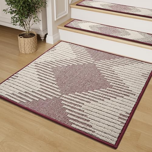 PADOOR Tappetino antiscivolo per gradini in legno per interni, 3D Peel and Stick, lavabile, riutilizzabile, adesivo, tappeto per scale per bambini e cani, 78,7 x 78,7 cm, rosso