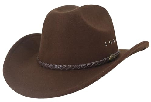 Licsaliwe cowboyhatt brett brätte andningsbar cowgirl huvudbonad unisex brun cowboy hatt med flätad dekor ull västerländsk huvudbonad för daglig användning, cosplay, fest