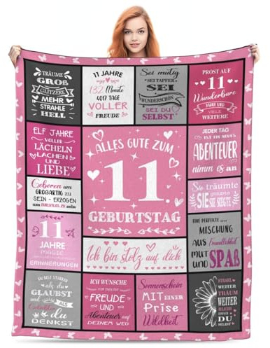 FestiKiva Geschenk zum 11. Geburtstag für Mädchen, Decke 150 x 130 cm Süße Wolldecke als Geburtstagsgeschenk für 11-Jährige, Dekoration für den 11. Geburtstag (11. Geburtstag-Rosa)