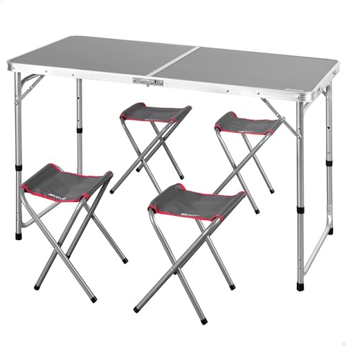 AKTIVE Mesa Plegable de Aluminio con 4 taburetes de Acero, Altura Regulable 60/70 cm, Superficie 120x60 cm, Acabado Gris, Diseño portátil con asa para Camping, Playa y Jardín (63161)