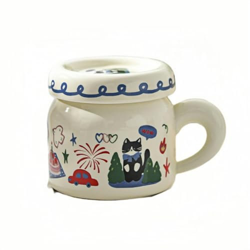 HUMOCHUSON 400Ml Milky White Ceramic Cat Mug Coffee Cup With Lid