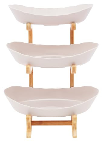 WAPHOERTE 3-Stöckige Obstschale mit Bambus-Holzfuß, Obstteller, 3-Stöckiger Beige Kunststoff-Obstkorb/Etagere für die Aufstellung von Obst, Snacks usw im Wohnzimmer