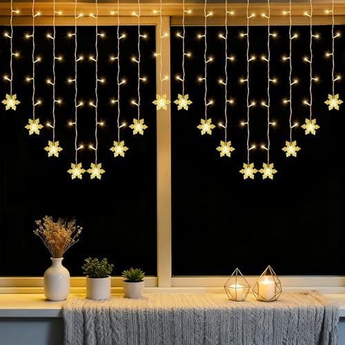 A.bigwhale Tenda Luminosa Natale 2x1m, 104 LED Luci Stringa Fiocco Di Neve, Catena Luminosa USB Illuminazione Natalizia per Decorazione Sfondo Parete, Bianco Caldo