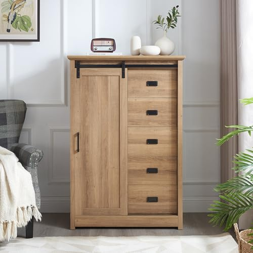 Farmhouse Dresser for Bedroom, 47.64''Tall Dresser Storage Organizer with 5 Drawers and Sliding Barn Door, Wood Chest of Drawers with Adjustable Shelf for Bedroom Hallway Living Room Kids Room, Oak