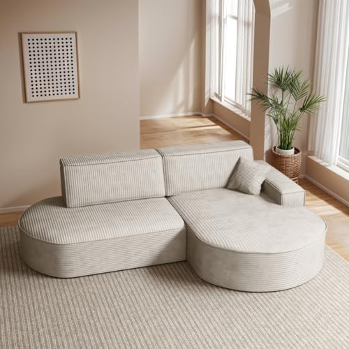 Kaiser Möbel - Ecksofa mit Schlaffunktion und Bettkasten, Wohnlandschaft L Form, Schlafsofa, Bequemes Couch mit Ottomane für Wohnzimmer und Jugendzimmer, Cordstoff, Modena Pro, Beige, Poso, Rechts