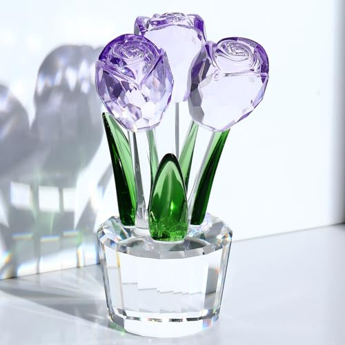 Arikyrist Romantischer handgefertigter lila Kristall-Rosenstrauß mit Vase für sie, romantisches Blumengeschenk für Frau, Freundin, Mutter, Blumenornament für Valentinstag, Muttertag, Geburtstag