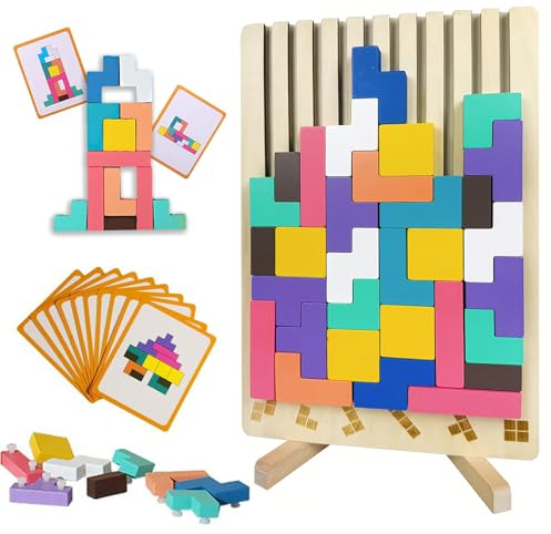 HERKINDNESS Tetris Holzspiel, Holz Tetris Montessori, 3D Holzpuzzle aus Holz, mit 10 Karten und Halterung, Geeignet für Eltern-Kind-Restaurants, Kindergärten und Kinderzimmer