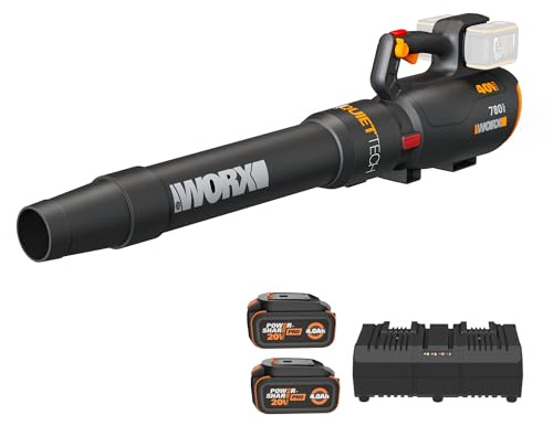 Worx Cordless Leaf Blower, 40V Quiet Blower for Heavy Leaf Removal, WG582 | Brushless Power, 780CFM & 190MPH Airflow, 57dB, 2 x 4.0Ah Batteries & 4.0A Charger Included, PowerShare