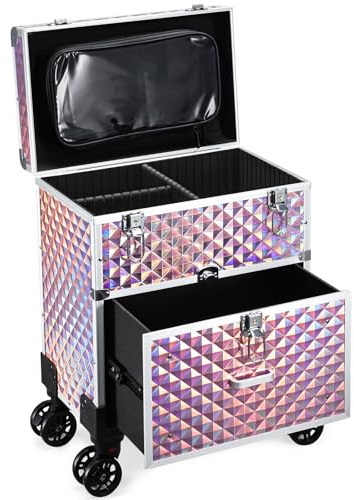 Joligrace Makeup Case Vanity Case Large Beauty Makeup Trolley on Wheels with Drawer Make Up Box Organiser Nail Polish Organiser Storage, Shiny Pink