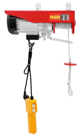 Elektrische Seilwinde 220V 1300W 800kg Doppelt Seil 5m/min Kupfermotor Flaschenzug 12m Hubhöhe IP40 Limit-Schutz Fernbedienung Wandmontage Für Garage Werkstatt Lager Industrie Rot