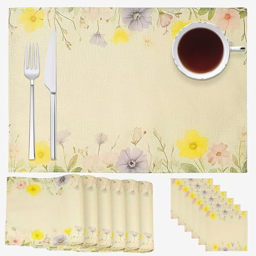 Boho Tischsets 6er-Set - 44x30cm Blumen Grün Frühling Platzsets Abwaschbare Platzsets in Leinenoptik, Botanische Tischdekoration Wilde Chrysanthemenmuster Tischsets für die Feiertage partydekorationen