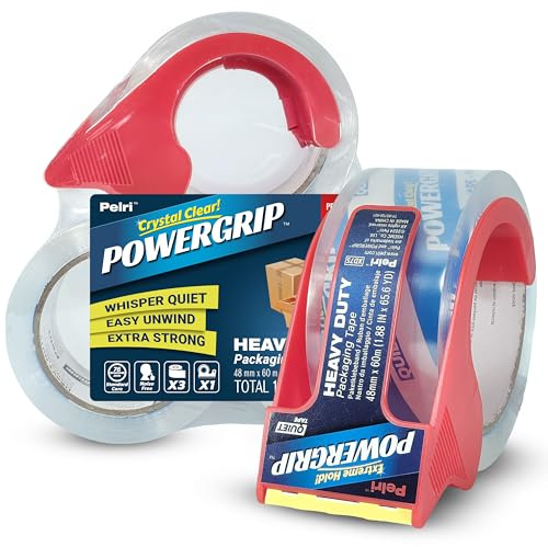 Pelri POWERGRIP tyst pakettejp – förpackningstejp transparent och extra stark – 3 rullar med dispenser (totalt 180 m, 60 m x 48 mm) – slitstark tejp för frakt, förpackning och flyttning