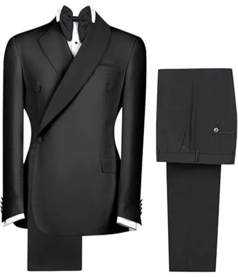ZHOUYOPINPAI Black Double Breasted Suit Men Slim Fit 2 Pieces Suit Blazer Pants Formal Wedding Funeral M