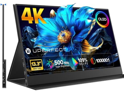 UPERFECT OLED Portable Monitor 4K 3840x2160, 13.3 Small Monitor with | 180% sRGB| 0.1ms, 500 Nits | 100000:1 Contrast | Ultra-Slim All-Aluminium Alloy Design Second Screen w/VESA for Laptop PC Phone