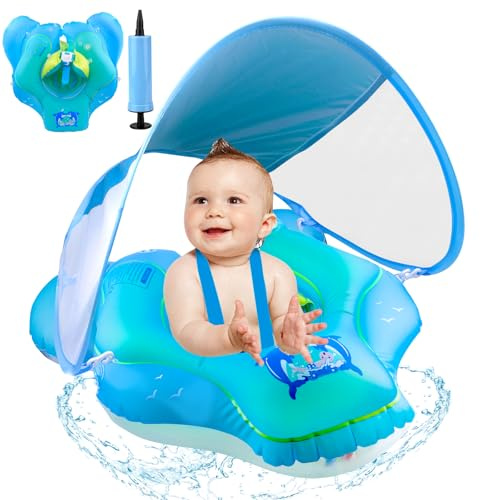 Baby Swimming Float, Baby Pool Float with Canopy, Inflatable Whale Baby Swimming Ring with Safety Seat, Fun Water Toys Bathing Accessories for Age 3-36 Months Babies Toddlers Kids Infant