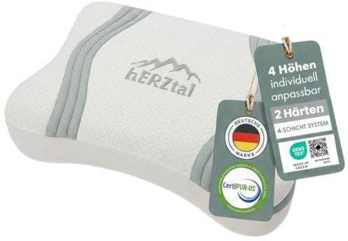 hERZtal Ergonomisches Nackenkissen für Seitenschläfer – Butterfly Schlafkissen höhenverstellbar durch 4-Schicht-System – Atmungsaktives Visco Kissen gegen Nackenschmerzen – Oeko-TEX® Made in Green