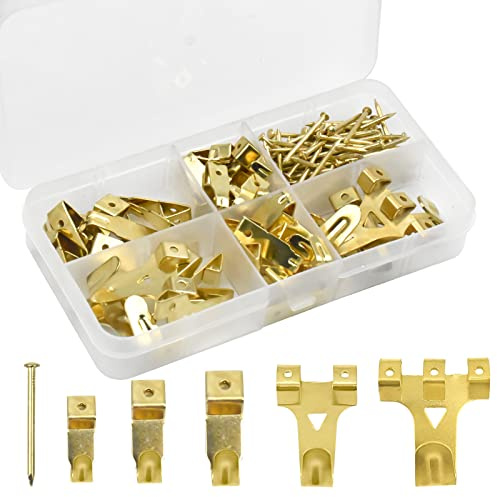 Juego de 130 ganchos para cuadros, ganchos dorados para colgar cuadros, surtido de ganchos para colgar cuadros, juego de colgar cuadros con clavos, juego de ganchos para colgar cuadros para clavar