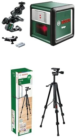 Bosch Quigo Kreuzlinienlaser mit Universalhalter MM 2 und Premium-Stativ TT 120 – Kreuzlinienlaser-Set für präzise Ausrichtung und flexible Positionierung