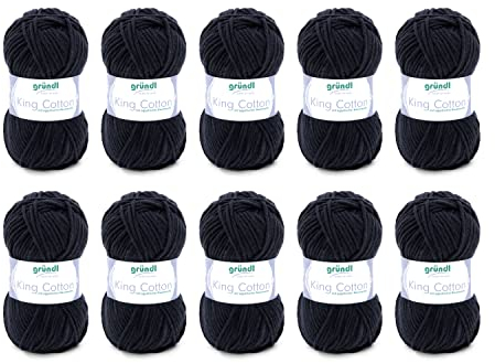 Gründl Wolle King Cotton - dicke Wolle zum Stricken - Strickgarn - Häkelgarn - weich und hautfreundlich - 55 % Polyacryl, 45 % Baumwolle - 10 Knäuel 50 g / 78 m - Nadelstärke 6-7 - schwarz