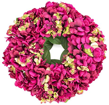 artplants.de Sommerlicher Hortensienkranz aus künstlichen Blumen auf Rattan, pink, Ø 35cm - Deko Kranz für Tür, Tisch oder Wan