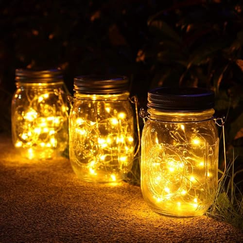Luci Solari Giardino - 3 Pezzi Lampada 30 LED da Esterno Impermeabile barattolo Natale Feste Camera da Letto Decorazioni (Bianco caldo)