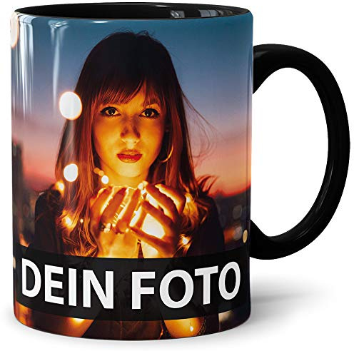 Foto-Tasse zum selbst gestalten mit Foto und Text/mit individuellen Druck in Profiqualität/Personalisierte Geschenk-Idee mit Bild/XXL-Druck/Schwarz